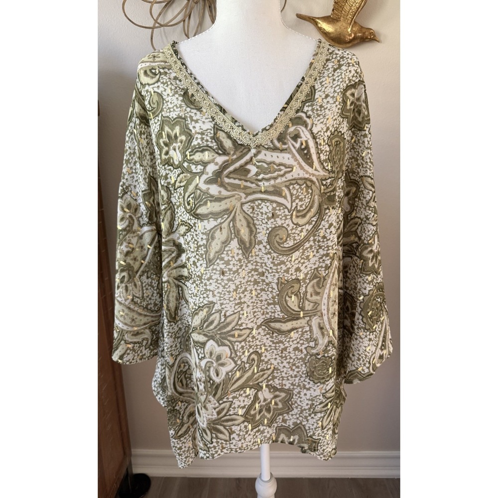 Stitch by‎ Chenault L Olive Paisley Tunic Gold Metallic Boho V Neck Top Large